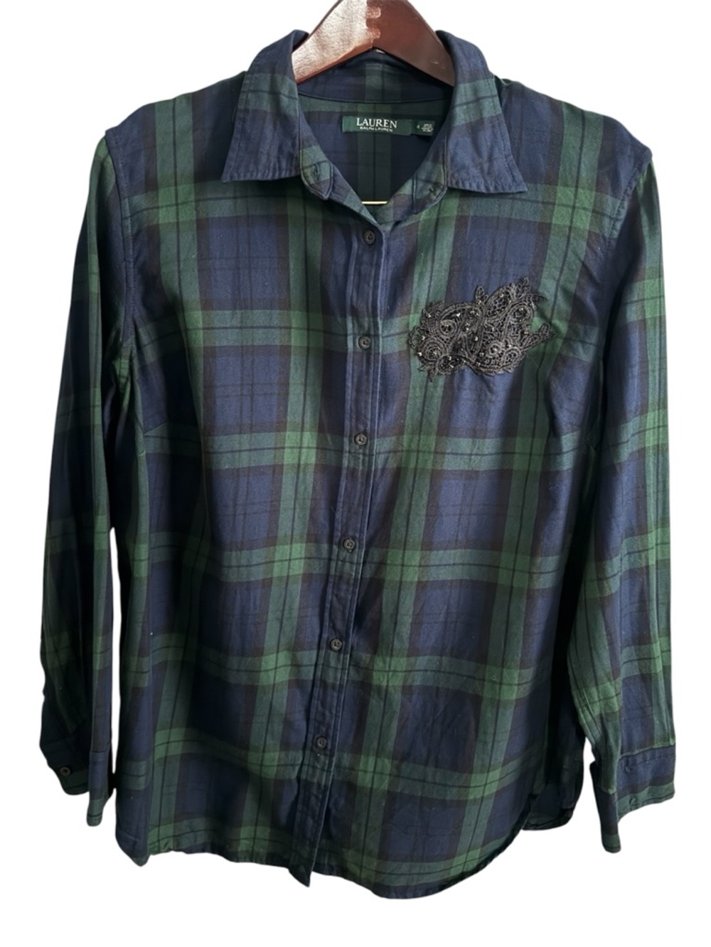 Lauren Ralph Lauren Plaid Button Down Flannel Top Embellished Green Blue 1X